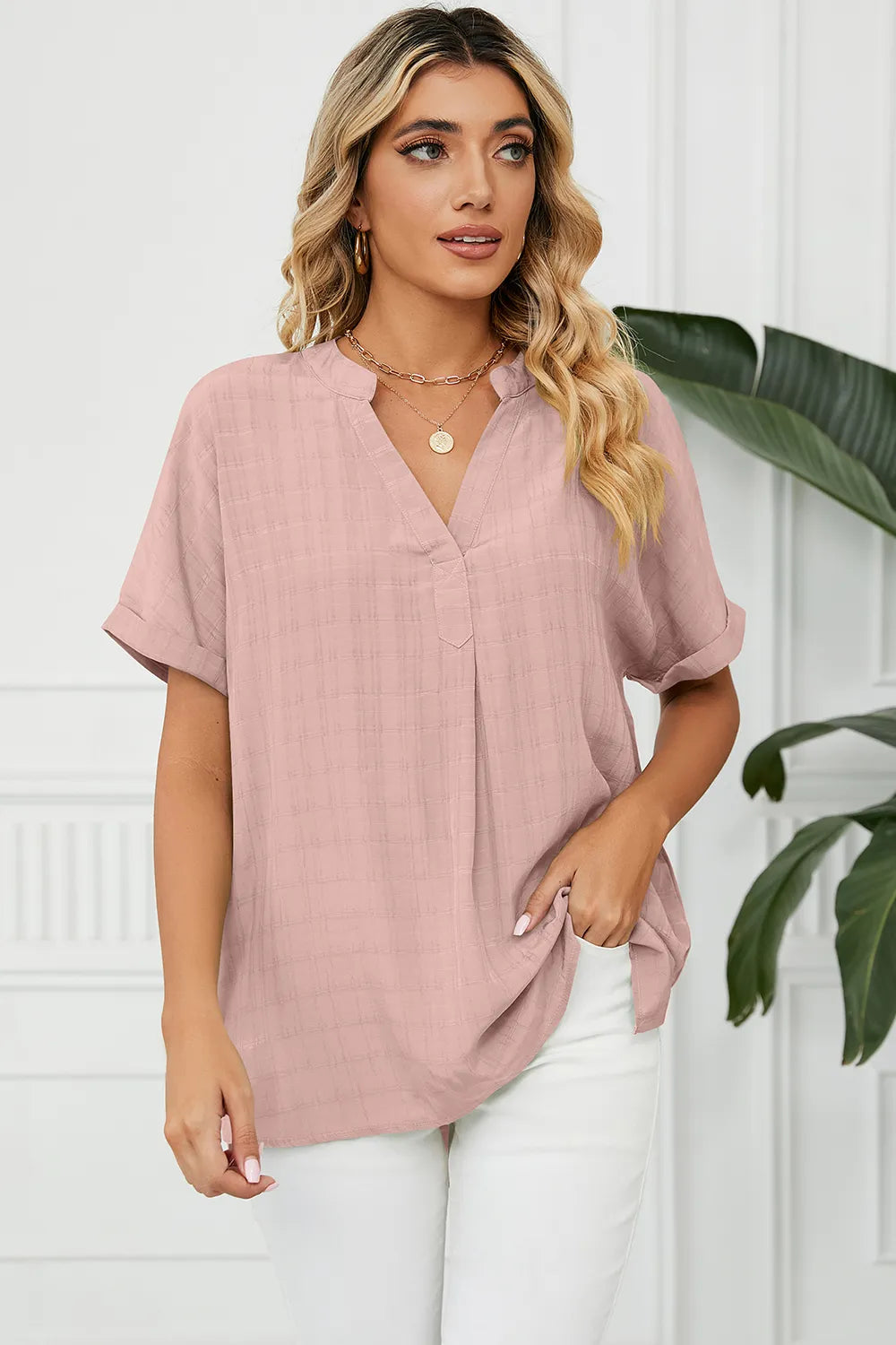 Blush pink ruched notched short sleeve blouse front view feminine casual summer blouse