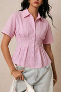 Blush pink striped peplum button up shirt front view women's fitted waist short sleeve blouse