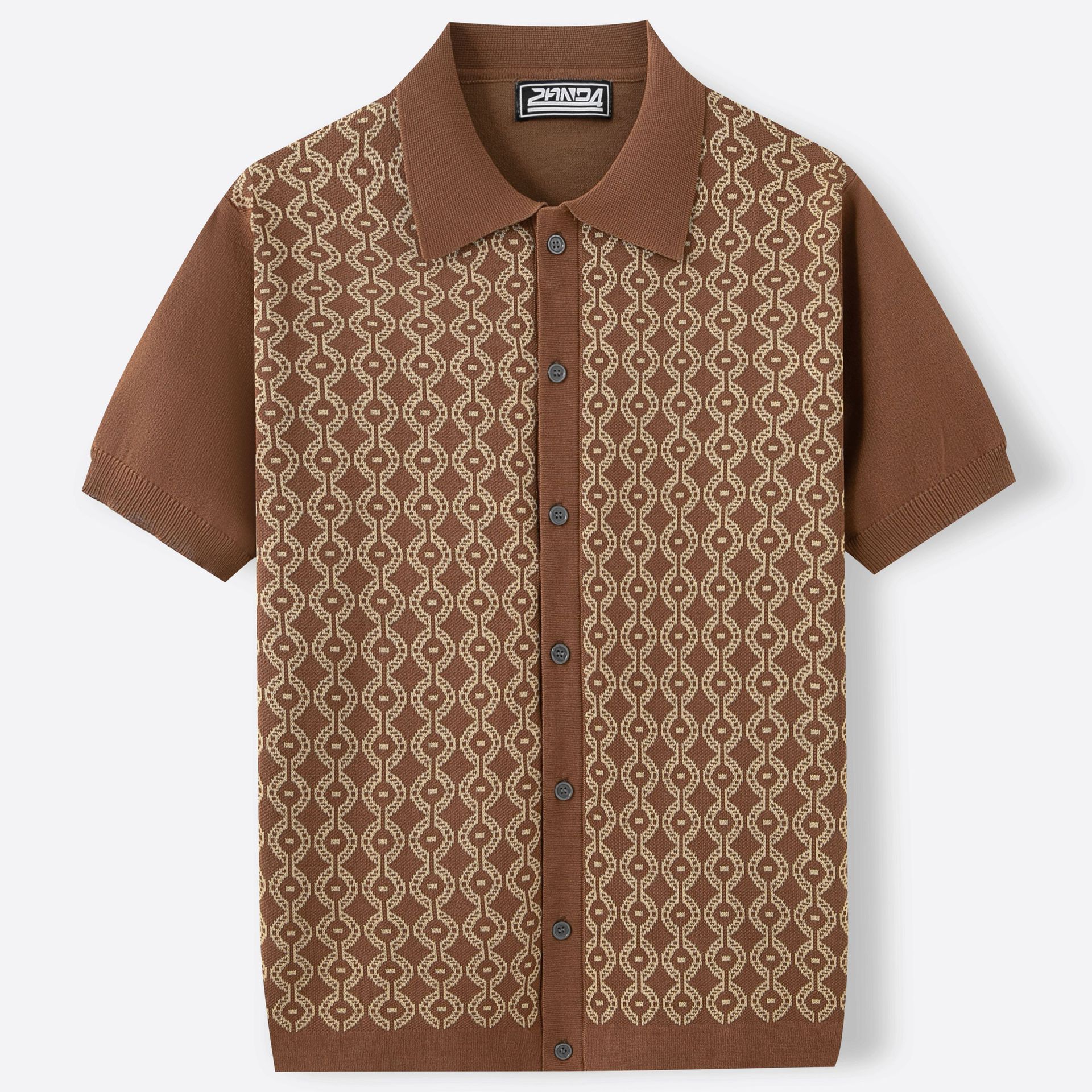 brown-geometric-polo-closeup-pattern
Close-up of bold geometric front pattern and smooth Tencel fabric on brown polo shirt

Brown patterned shirt with buttons on a white background