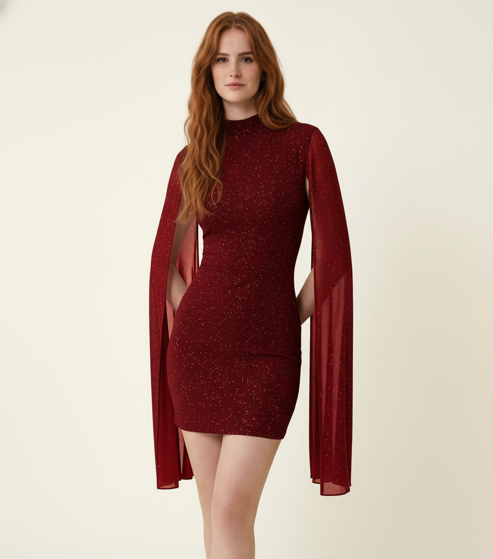 burgundy-cape-sleeve-dress-cocktail-heels
Cocktail perfection: burgundy glitter cape sleeve mini dress styled with black heels and gold clutch

Woman wearing a burgundy dress with cape sleeves on a beige background