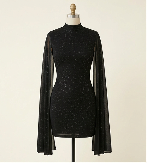 burgundy-glitter-cape-full-glamour-shot
Full editorial glamour shot of burgundy glitter cape sleeve bodycon mini dress, ultimate evening party look – OpusVenustas


Black dress with sheer sleeves on a mannequin against a white background