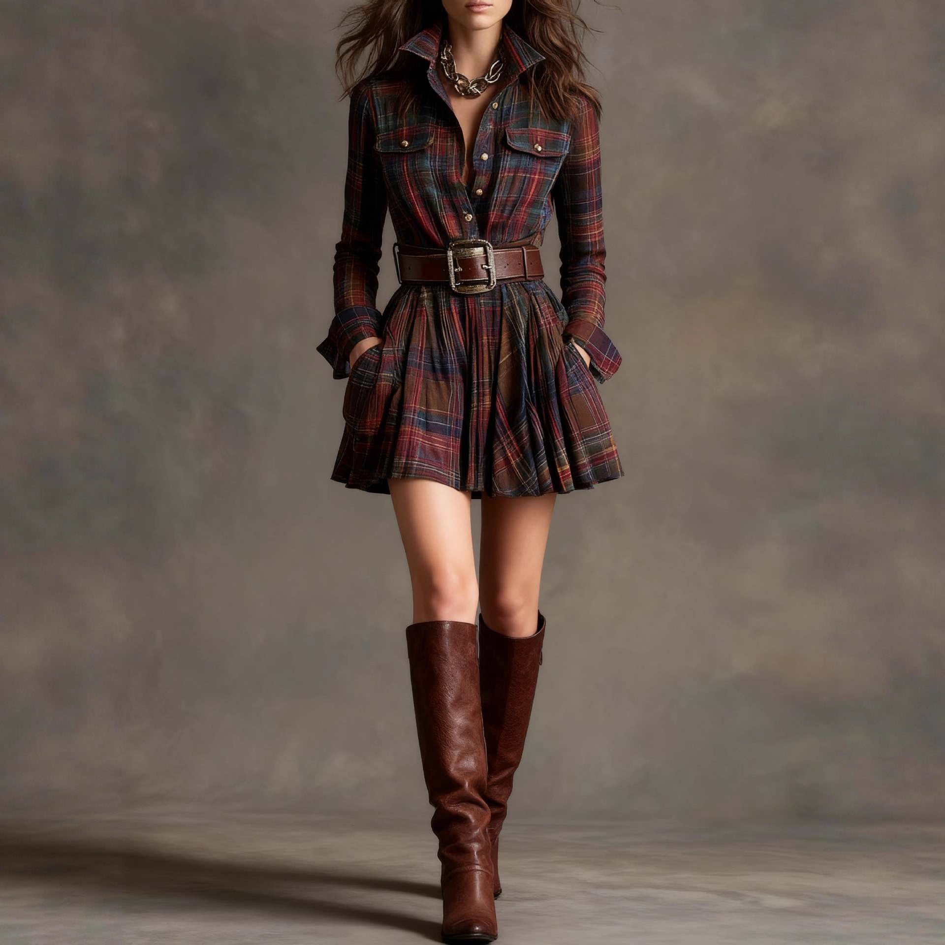 European And American Elegant Plaid Long Sleeve Short Dress Belt