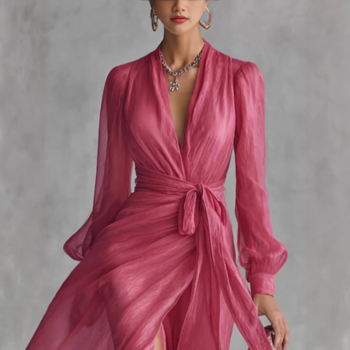 Casual Court-Style V-Neck Lace-Up Puff-Sleeve Dress