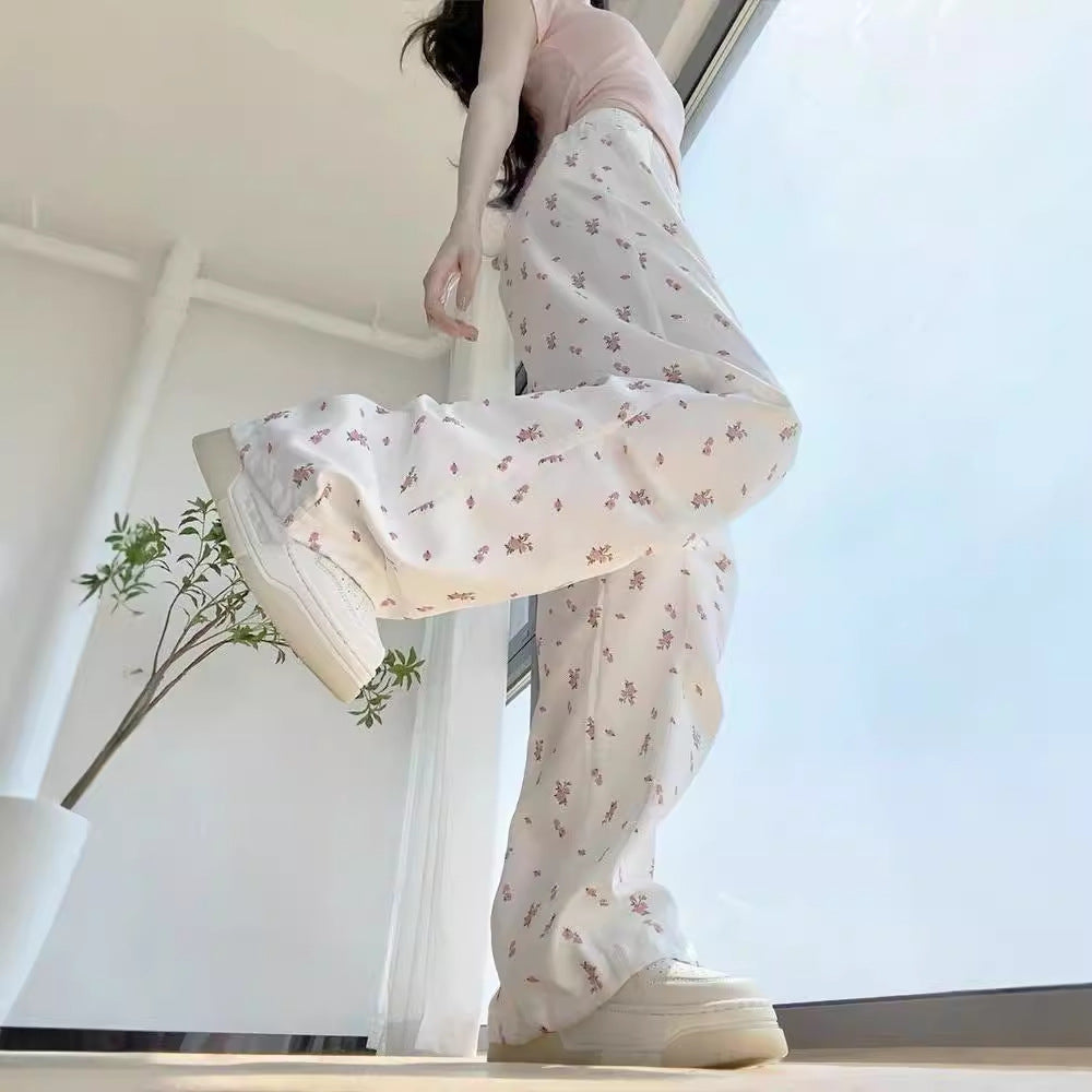 White Floral Overalls Women's Summer High Waist Wide Leg