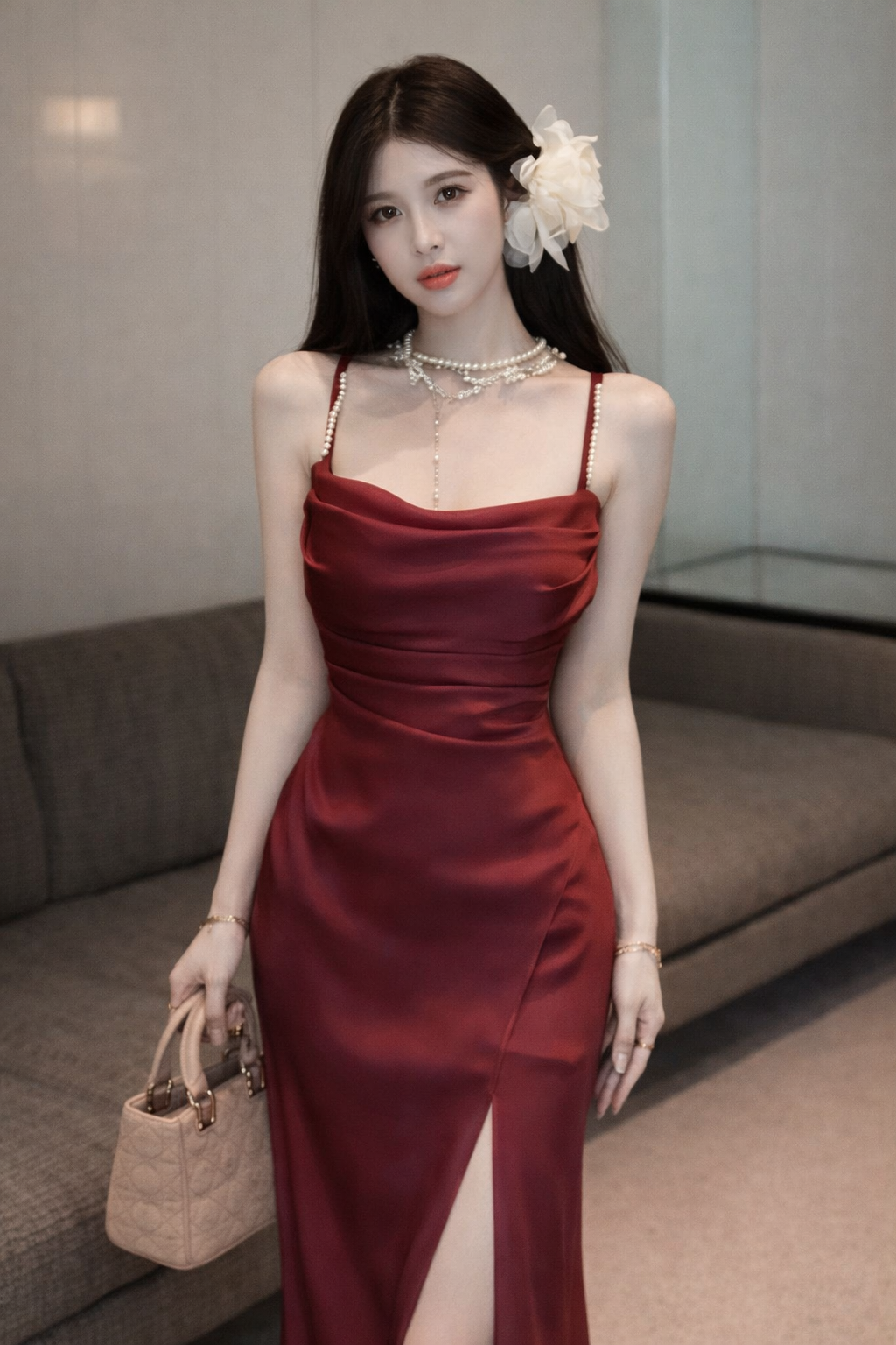champagne-satin-dress-side-slit-movement
Side view highlighting fluid side slit and pearl straps on tailored champagne midi dress

Woman in a red dress with a white flower in her hair, standing indoors.