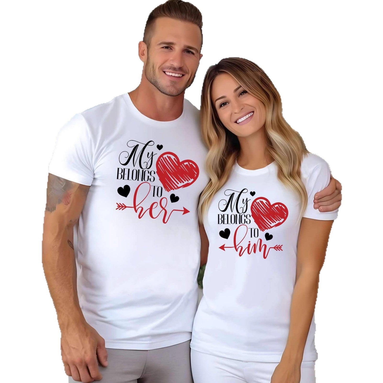 couple-graphic-tee-white-belongs-to-him-her
White matching couple graphic T-shirt set with “belongs to him/her” print, unisex streetwear style

Man and woman wearing matching white t-shirts with heart designs on a white background
