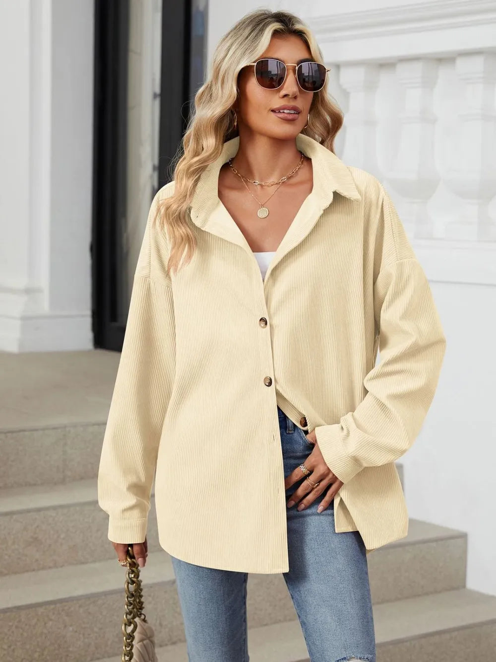 Cream dropped shoulder collared long sleeve shirt front view lightweight oversized women's shirt