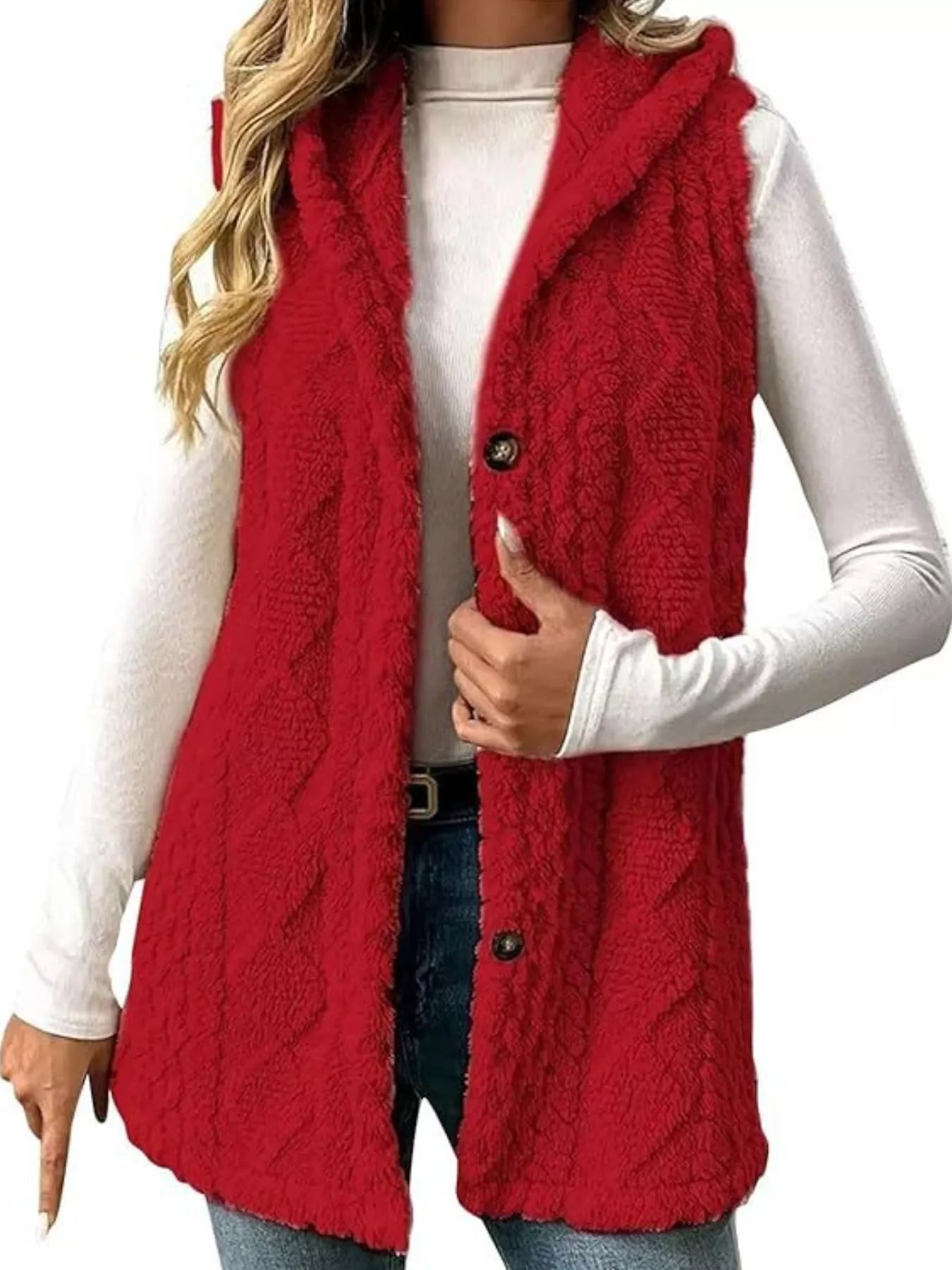 Size reference on model – relaxed fit hooded sherpa vest