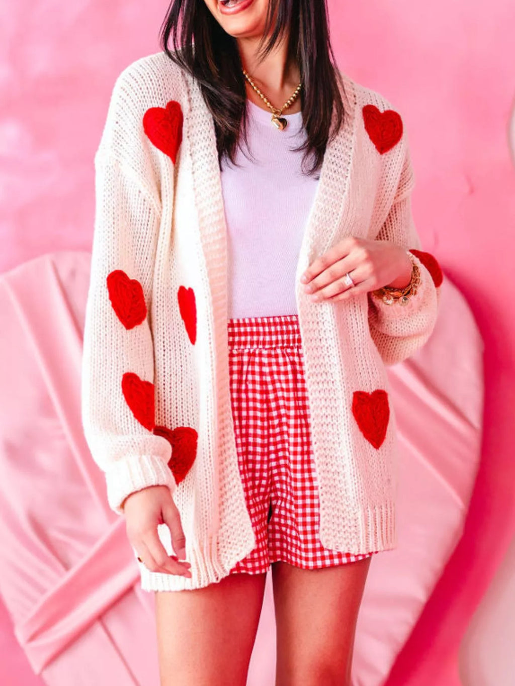 Cute heart knit cardigan layered over white top, romantic cottagecore style sweater
