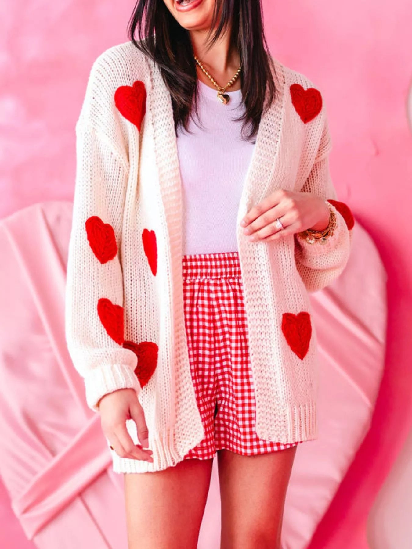 Cute heart knit cardigan layered over white top, romantic cottagecore style sweater
