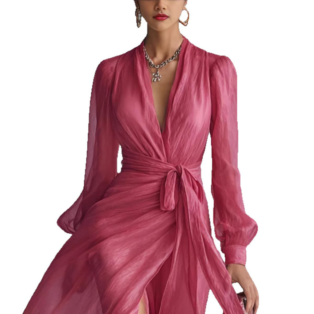 Casual Court-Style V-Neck Lace-Up Puff-Sleeve Dress