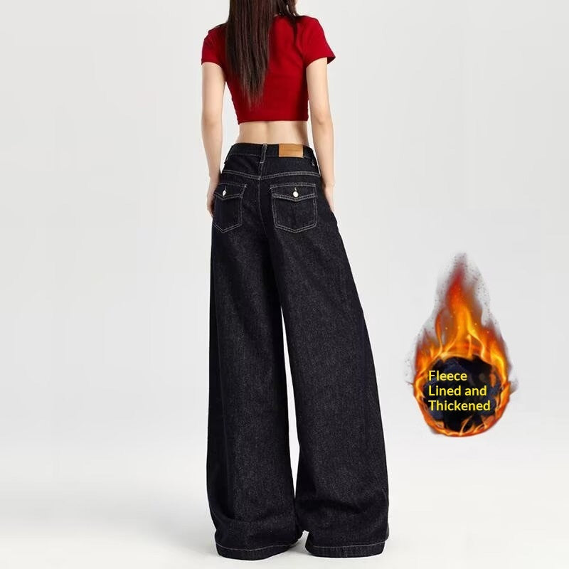 Dark Blue Loose-Fit Wide-Leg Denim Jeans