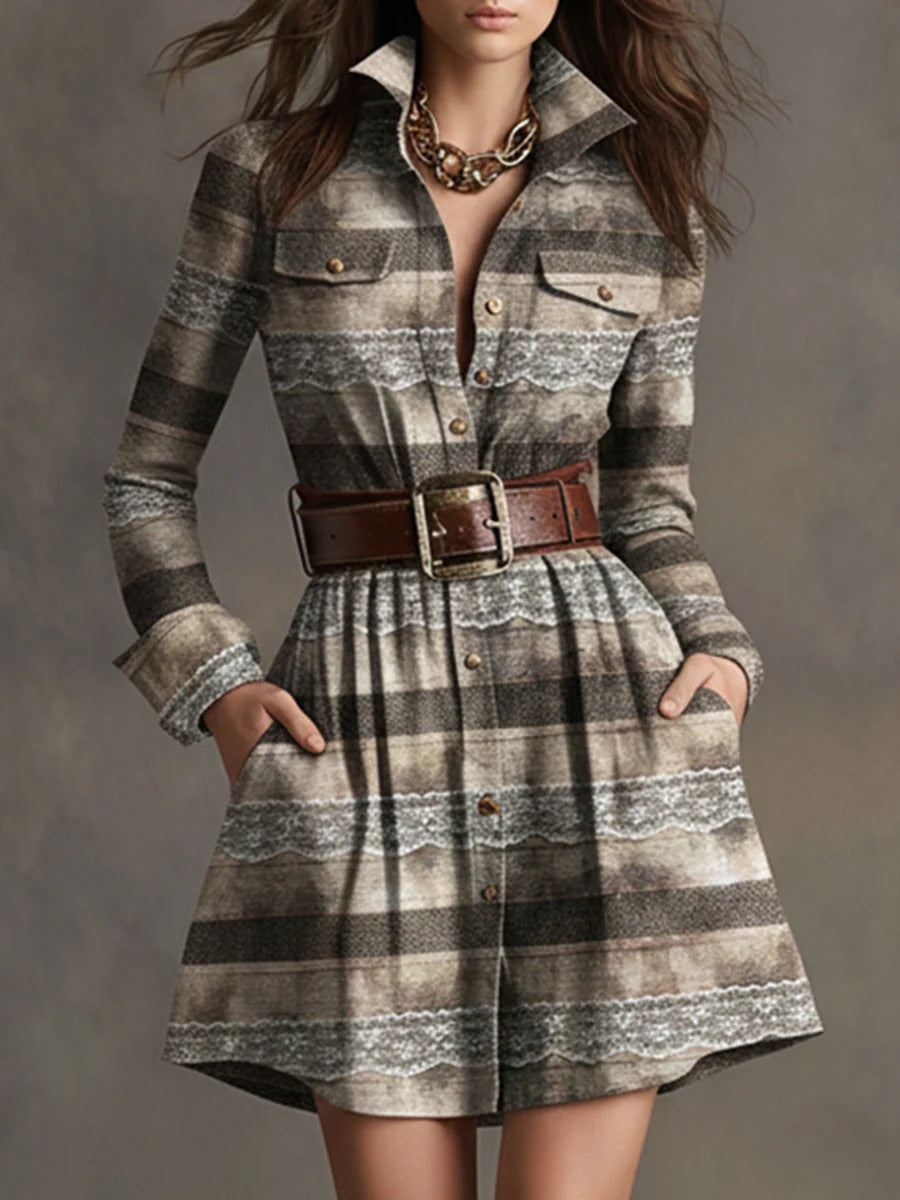 European And American Elegant Plaid Long Sleeve Short Dress Belt