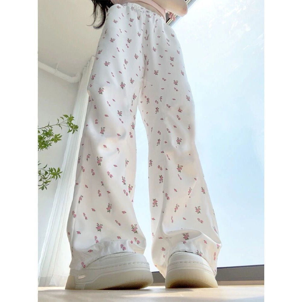 White Floral Overalls Women's Summer High Waist Wide Leg