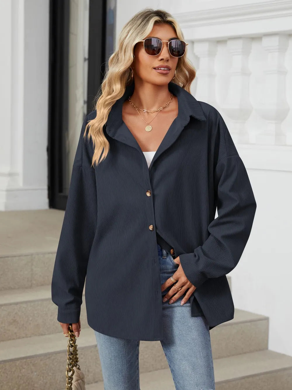 Dark navy dropped shoulder collared long sleeve shirt front view versatile women's layering shirt