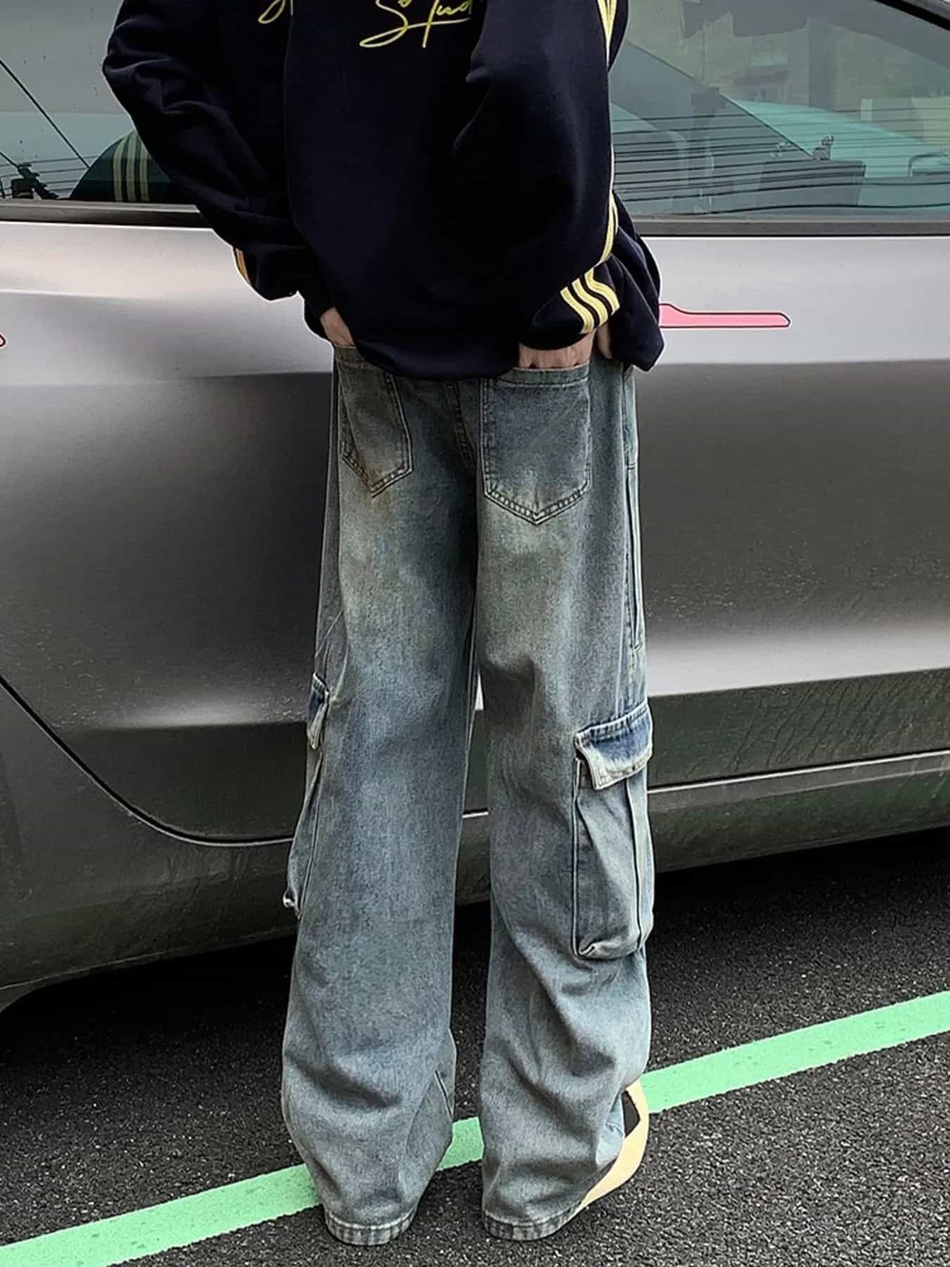 Men's Full Size Vintage Wash Wide Leg Cargo Jeans Plus Size