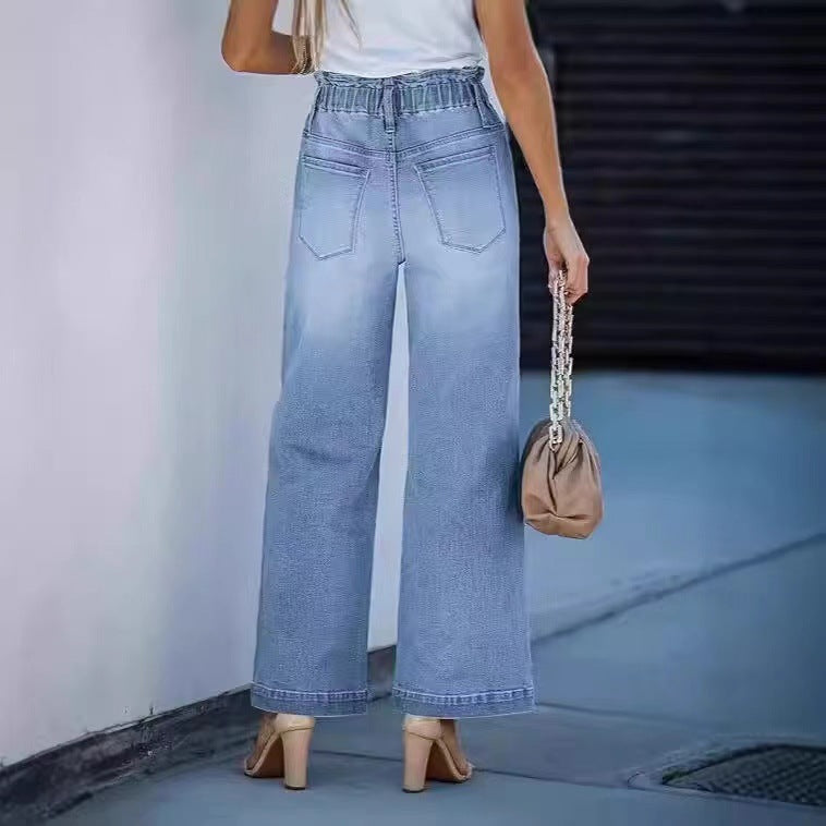 Wide-leg High-waisted Elastic-waist Loose-fit Denim Jeans For International Trade