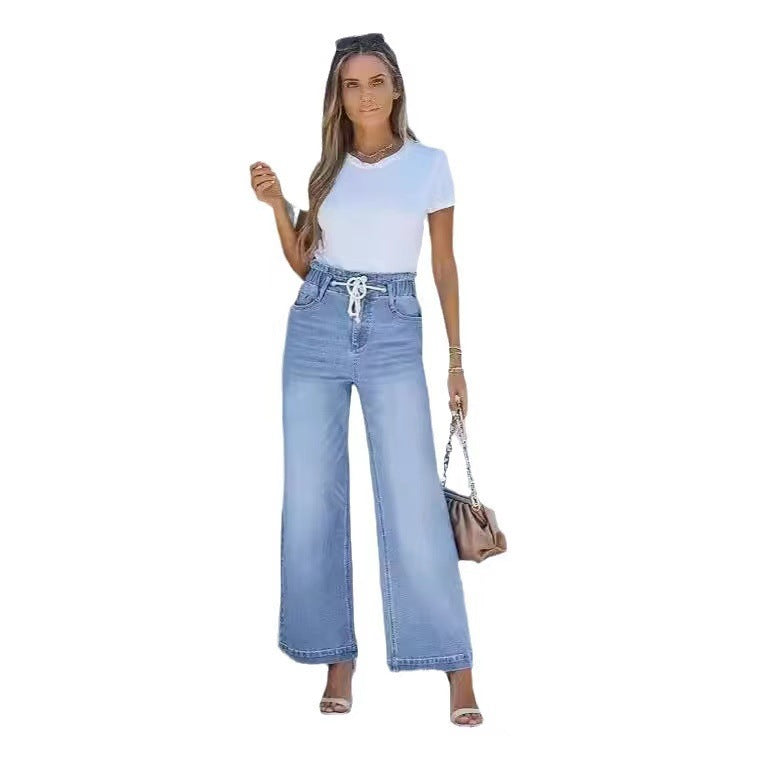 Wide-leg High-waisted Elastic-waist Loose-fit Denim Jeans For International Trade