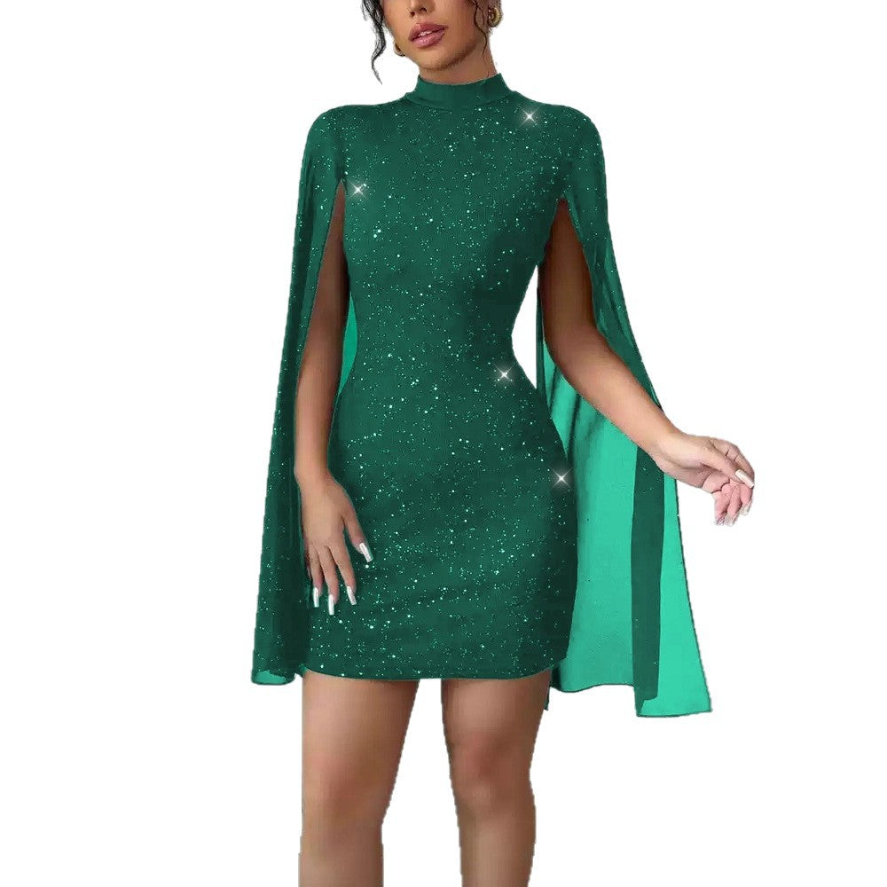 Sequin Shawl-Sleeve Dress