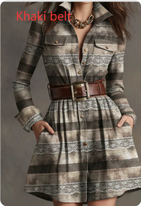 European And American Elegant Plaid Long Sleeve Short Dress Belt