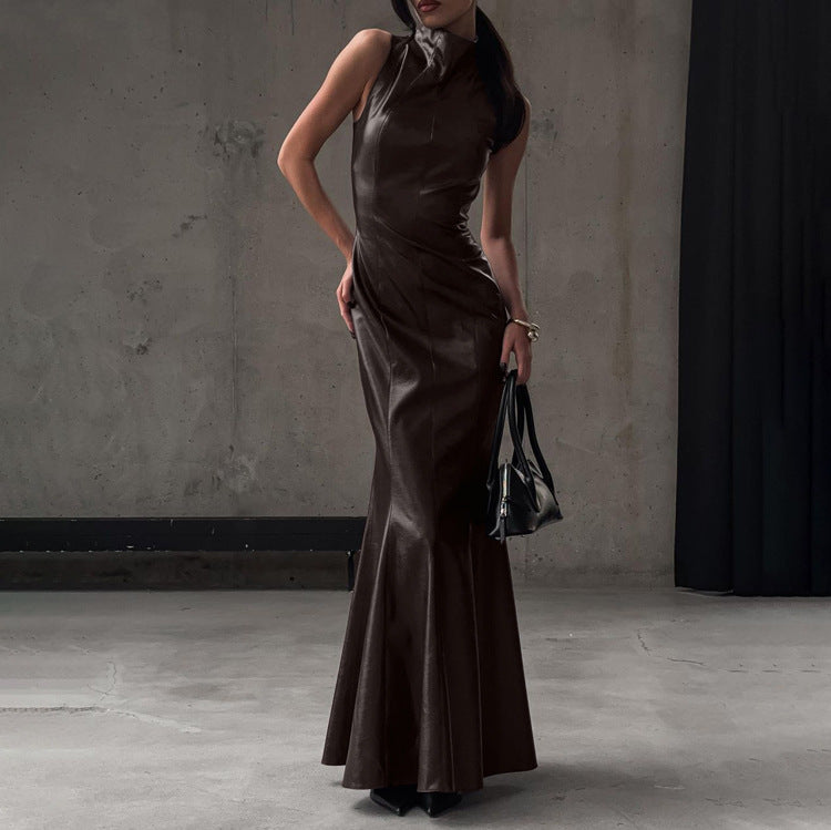 Stylish High-waisted Maxi Dress With Stand-up Collar