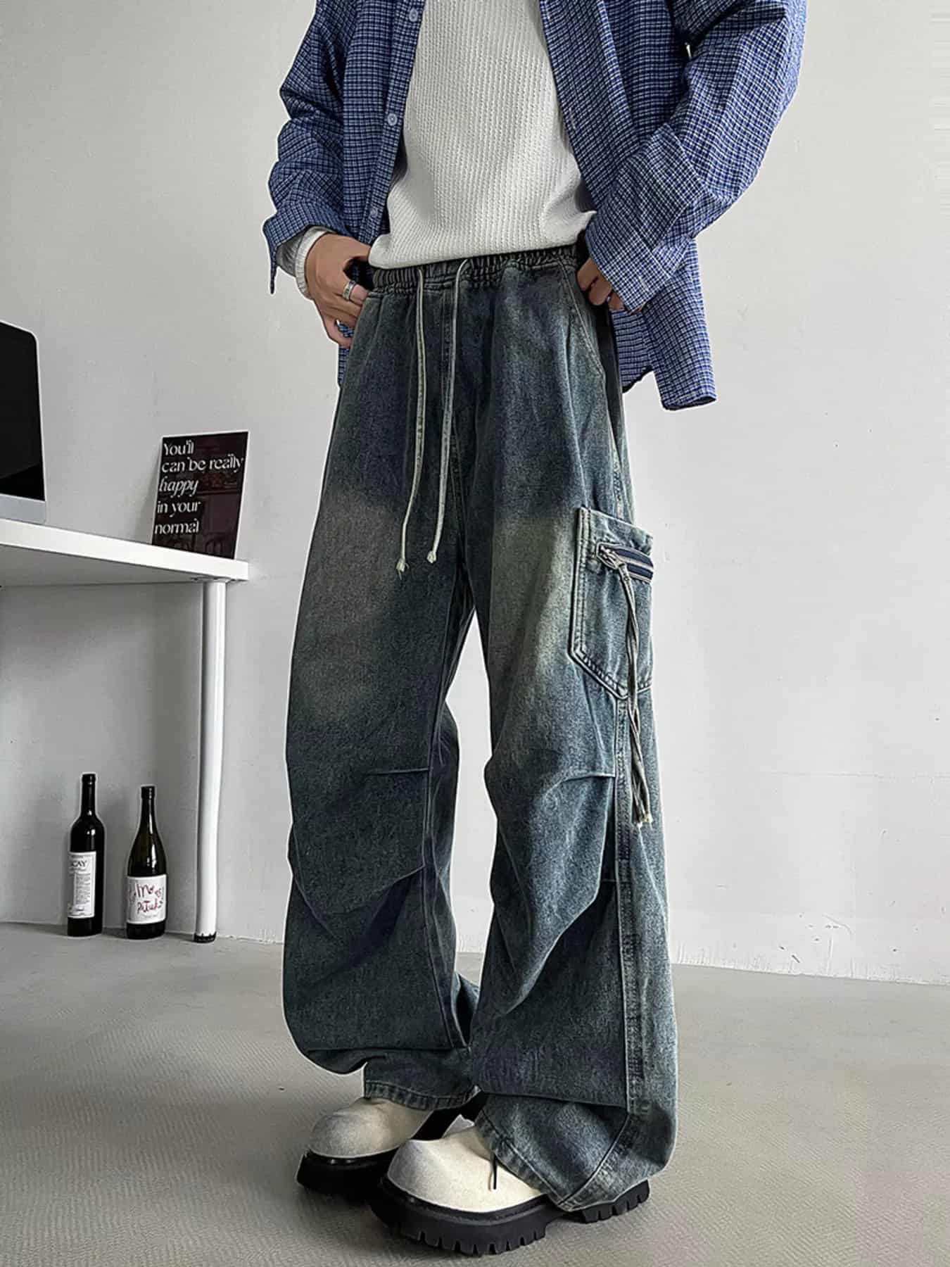 Men's Plus Size Loose Fit Cargo Jeans with Drawstring
