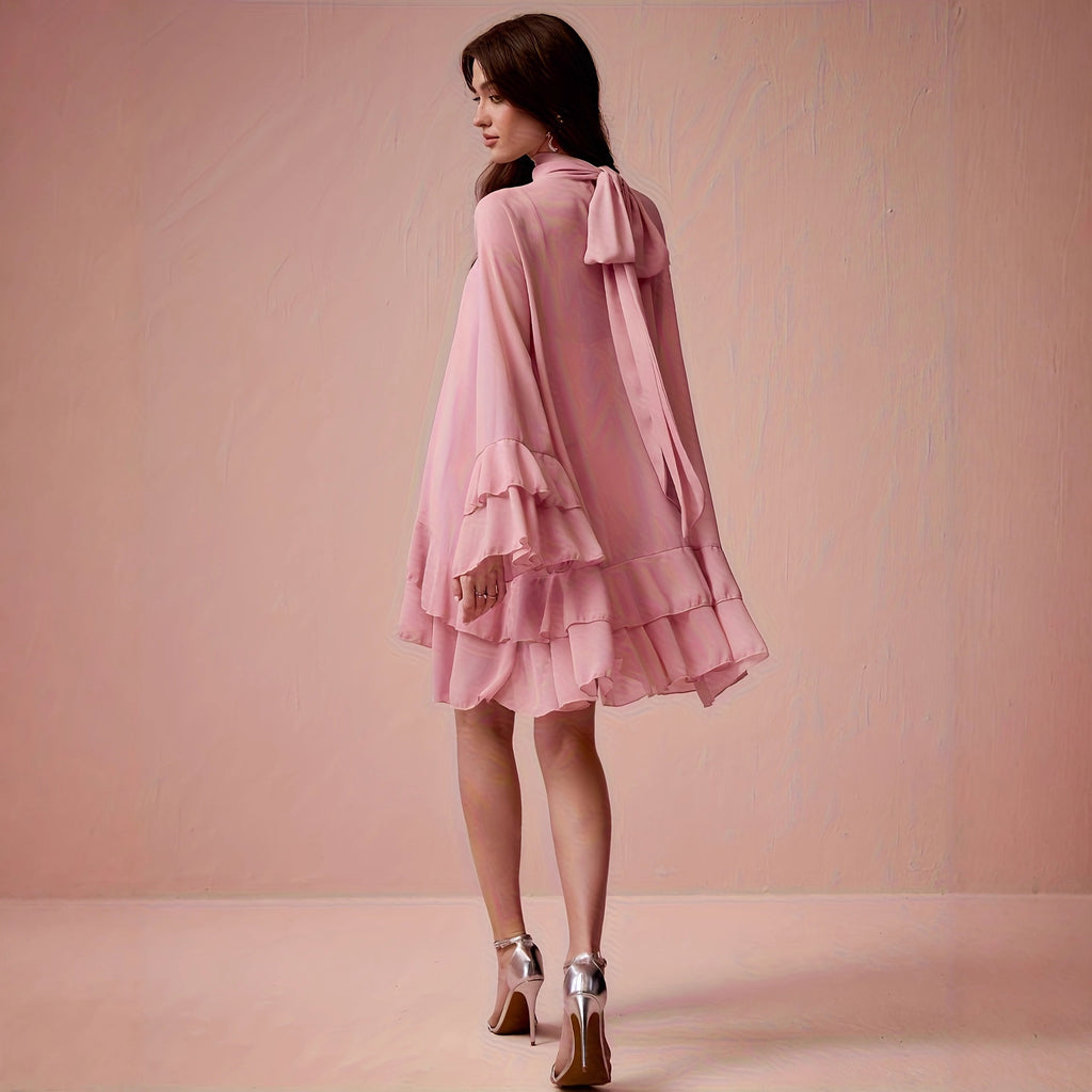 Chiffon Half-high Neck Dress With Flared Sleeves