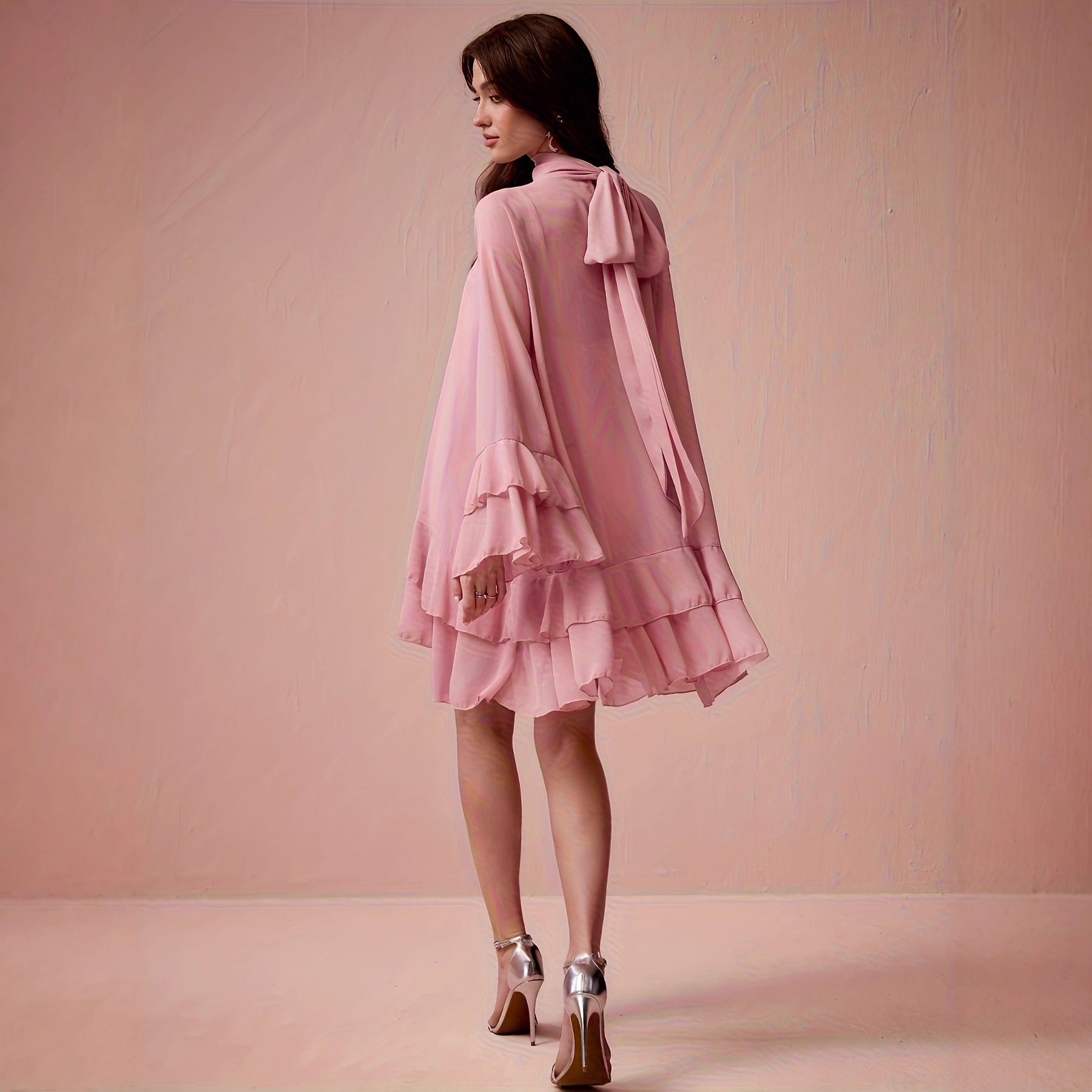 Chiffon Half-high Neck Dress With Flared Sleeves