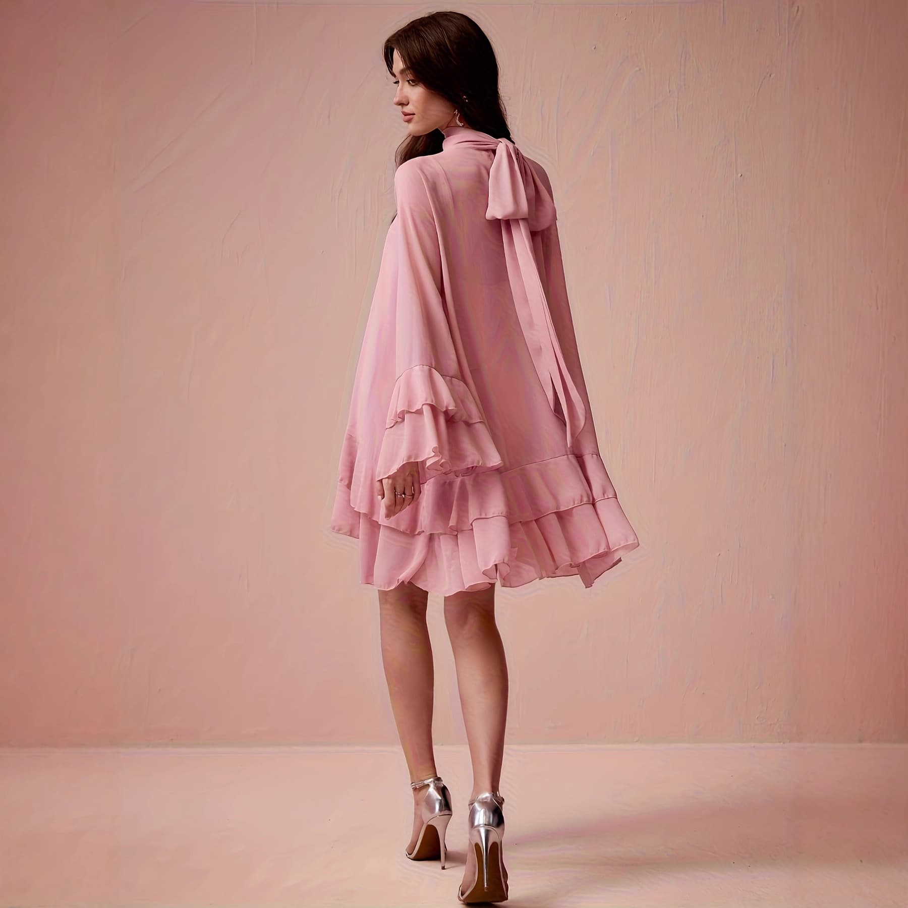Chiffon Half-high Neck Dress With Flared Sleeves