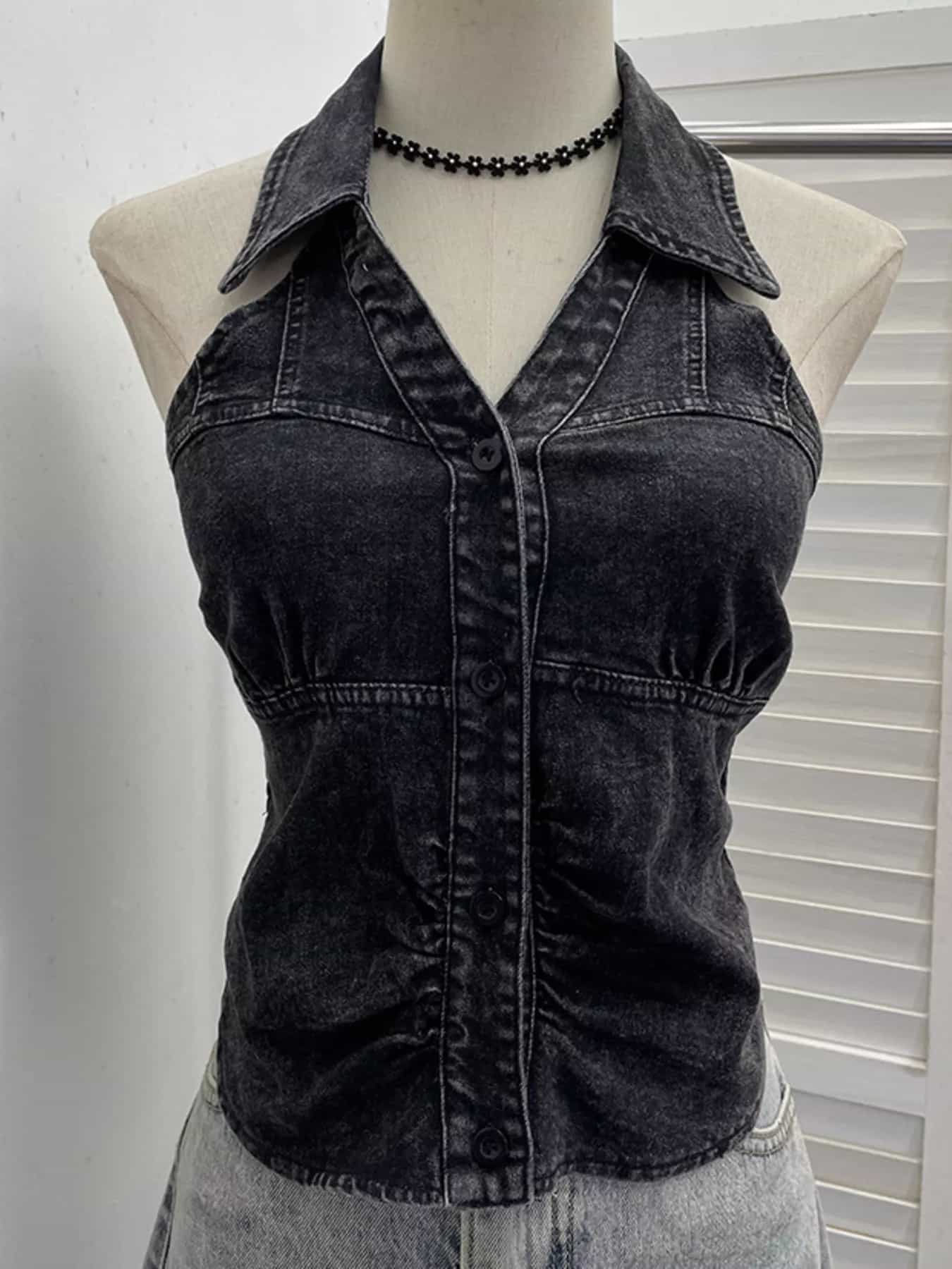 Smocked Denim Halter Collar Top