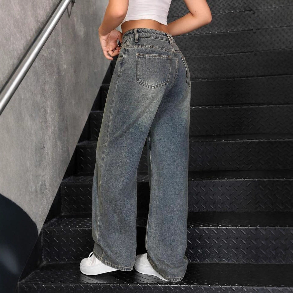 Womens Retro Washed Loose Flared Wide-Leg Jeans