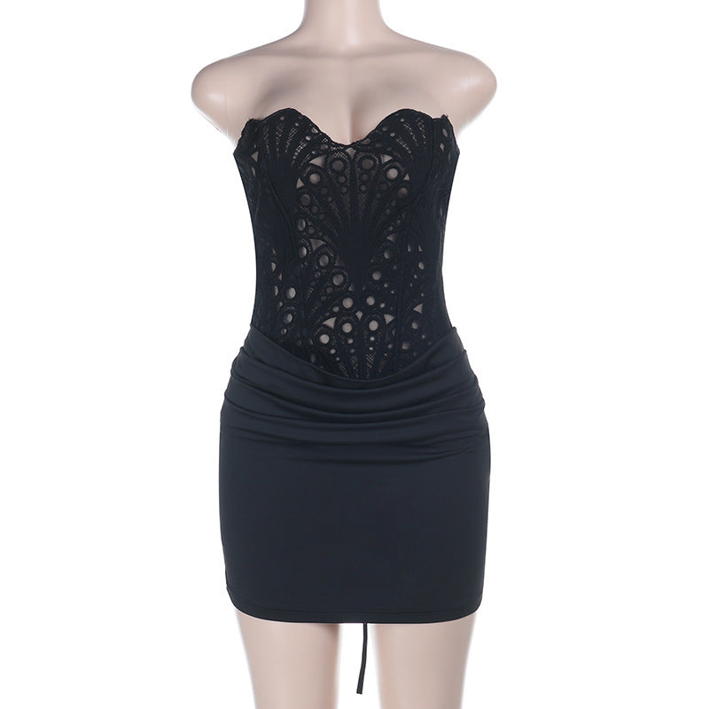 Slim-fit Strapless Hollow-out Lace Dress