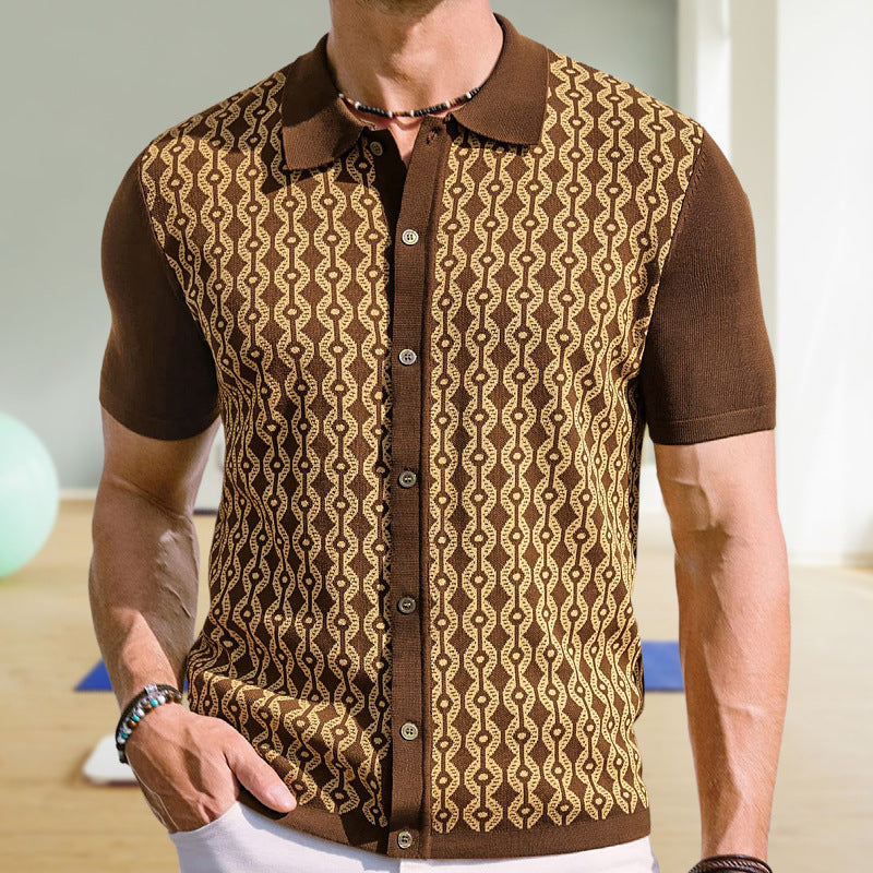geometric-pattern-polo-collar-button-detail
Detail shot of contrast collar, buttons and geometric chest pattern on premium summer polo

Man wearing a brown patterned shirt with a blurred background