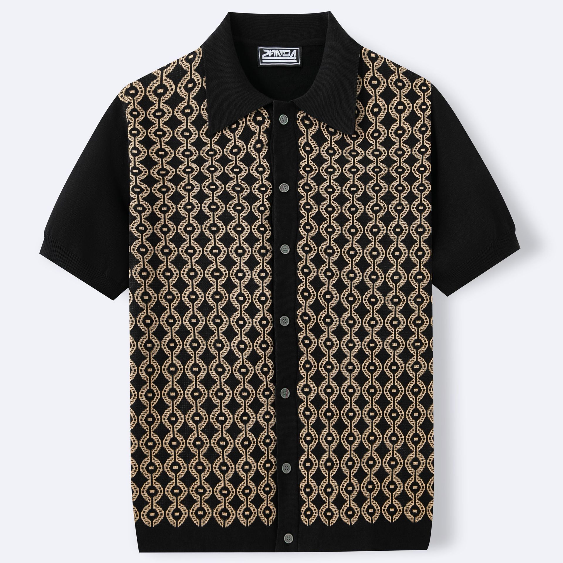 geometric-polo-blue-smart-casual-outfit
Blue geometric polo shirt styled with beige chinos and loafers, perfect smart-casual summer vibe

Black shirt with gold geometric pattern on a white background