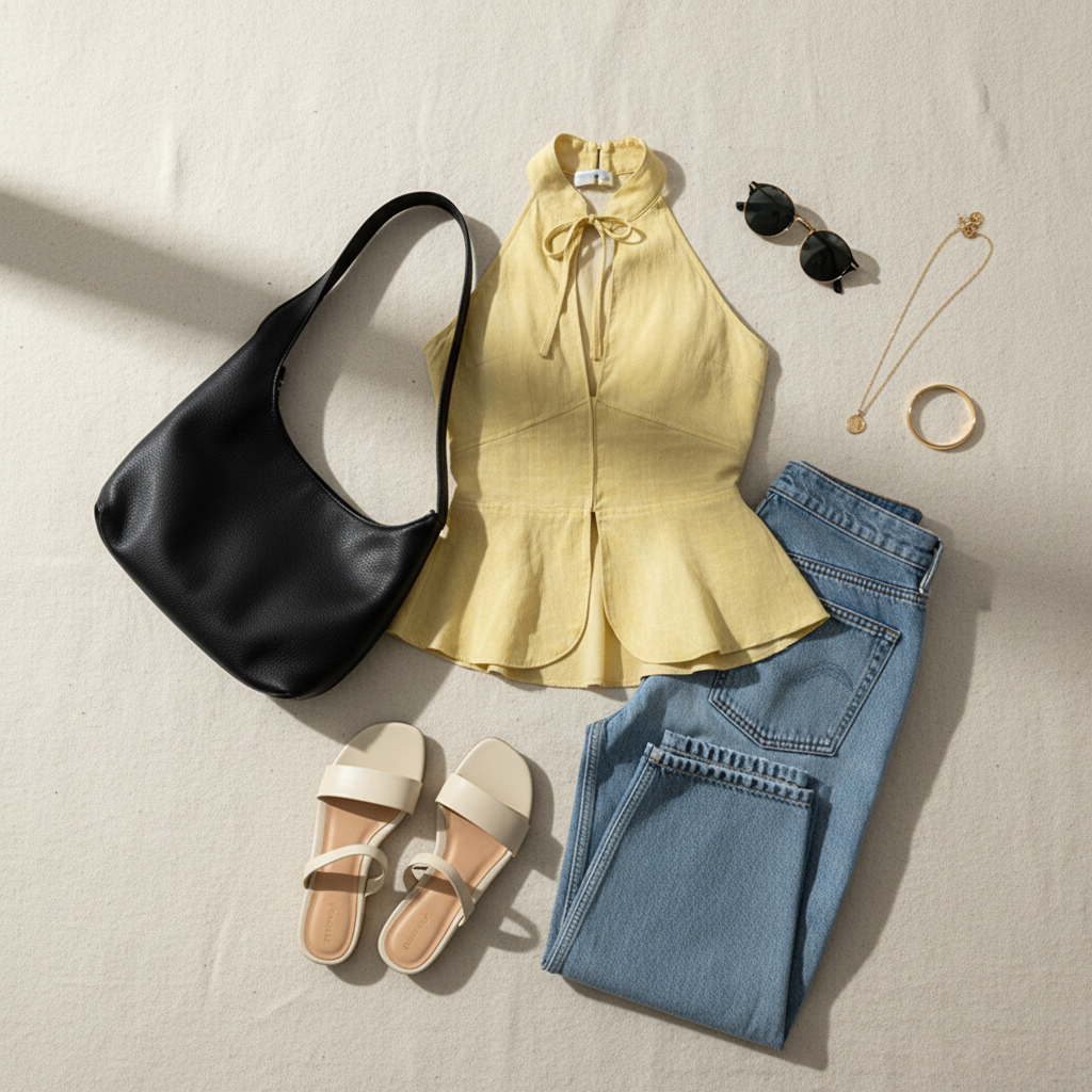halter-neck-peplum-top-both-colors
Both colors side-by-side: khaki and white halter neck peplum tops with fitted waist

Yellow sleeveless top, blue jeans, black handbag, white sandals, sunglasses, and gold necklace on a beige surface.