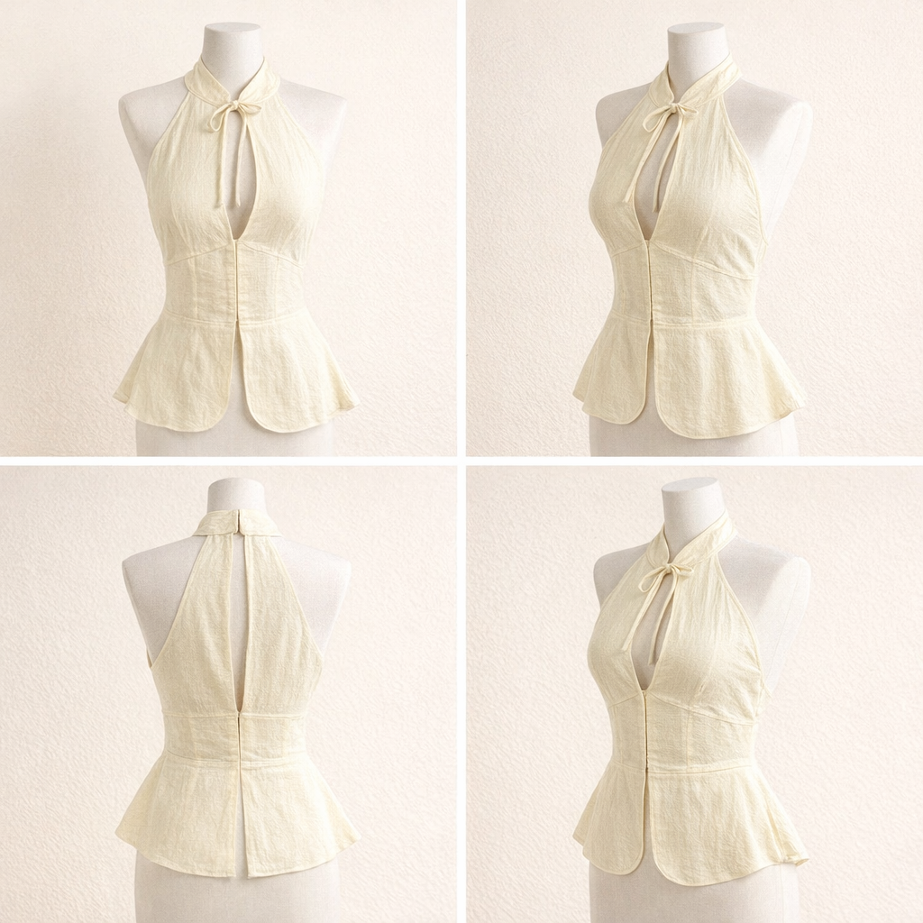halter-neck-peplum-top-khaki-front
Elegant khaki halter neck peplum top with lace-up detail and defined waist – OpusVenustas

Four views of a cream-colored sleeveless top on a mannequin against a white background