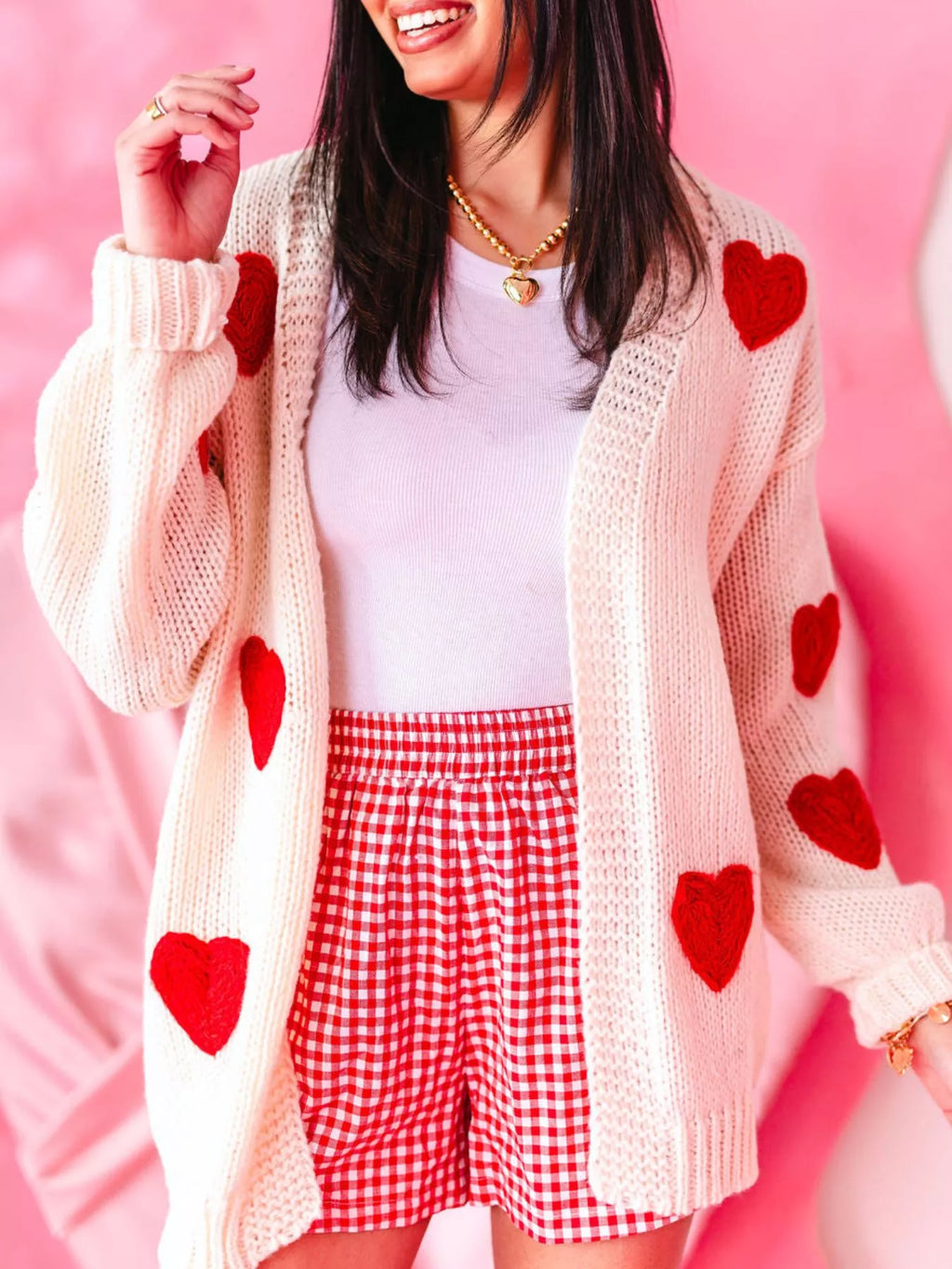 Cute pink heart pattern knit cardigan for women, open-front lightweight sweater with long sleeves

