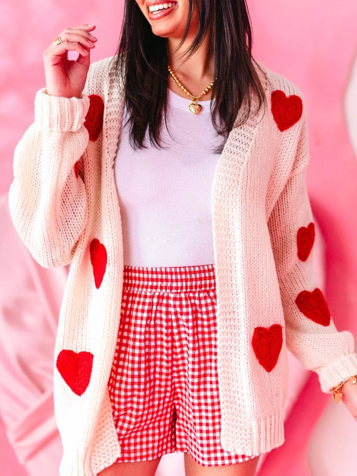 Cute pink heart pattern knit cardigan for women, open-front lightweight sweater with long sleeves

