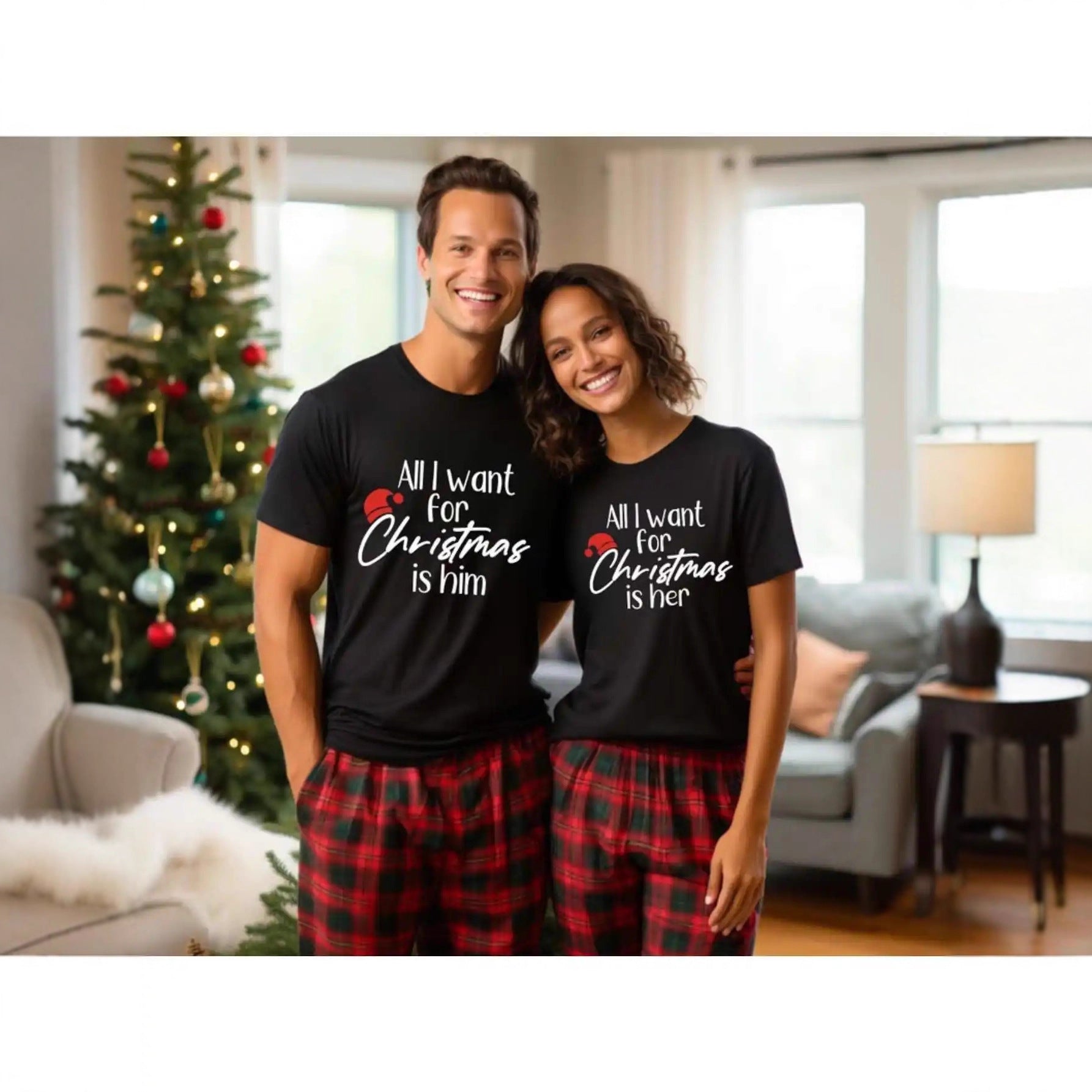 his-and-hers-tshirt-couple-date-night
Cute date night look: couple wearing matching black love print graphic tees with jeans

Two people wearing matching black t-shirts with Christmas-themed text in a living room.
