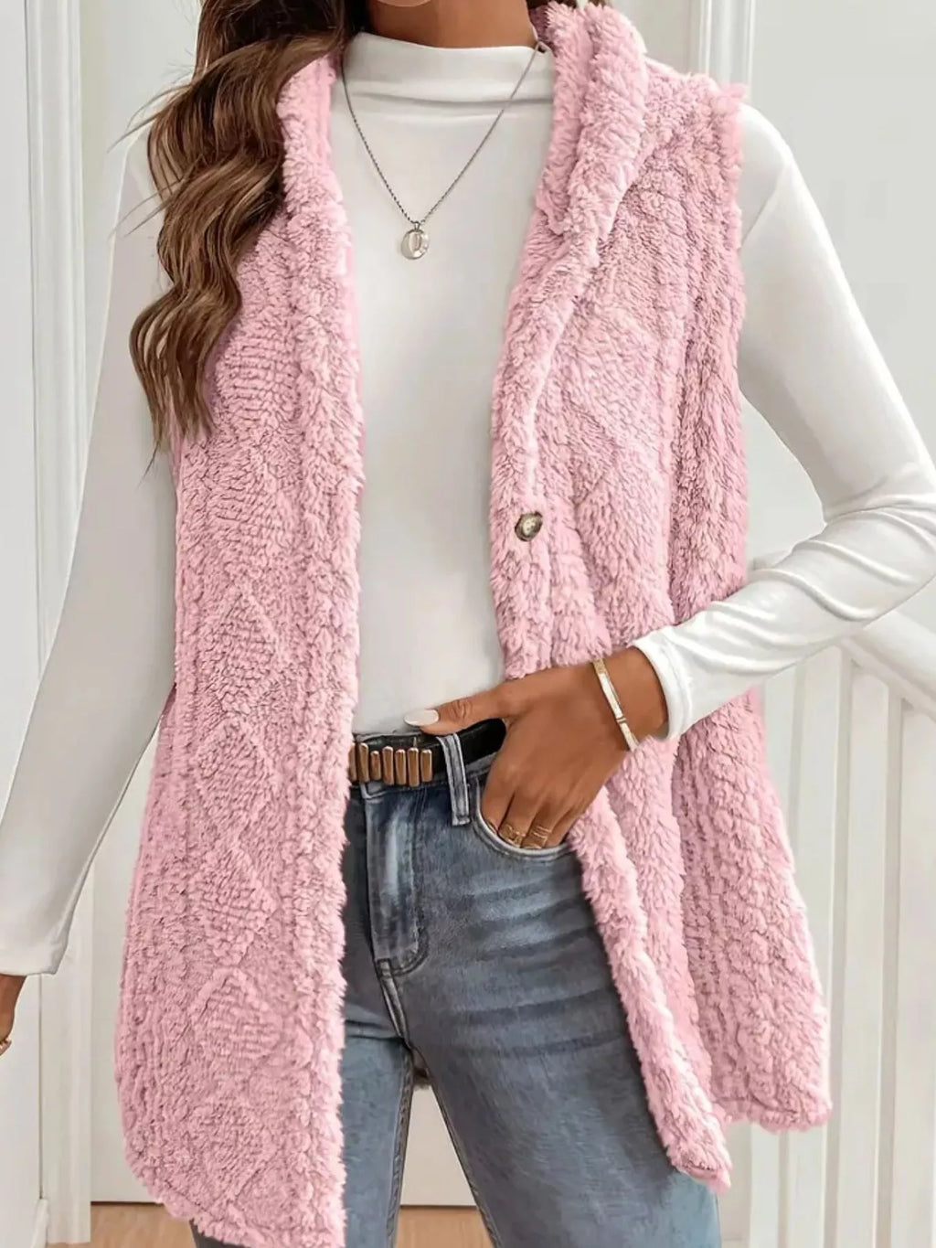 Coffee date ready: hooded sherpa vest over long-sleeve top