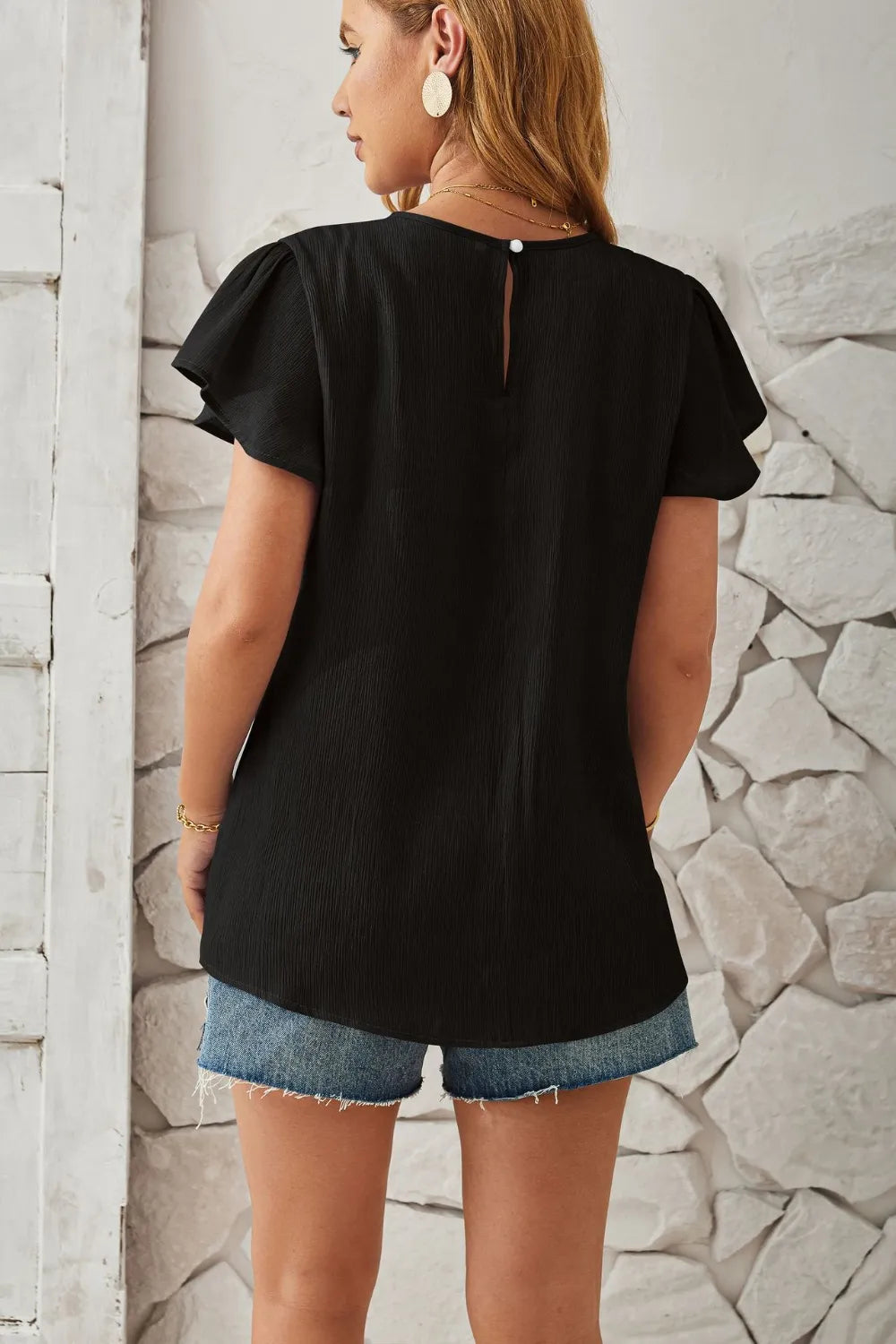 Black Keyhole Cap Sleeve Ruffle Top Detailed Neckline And Sleeve View