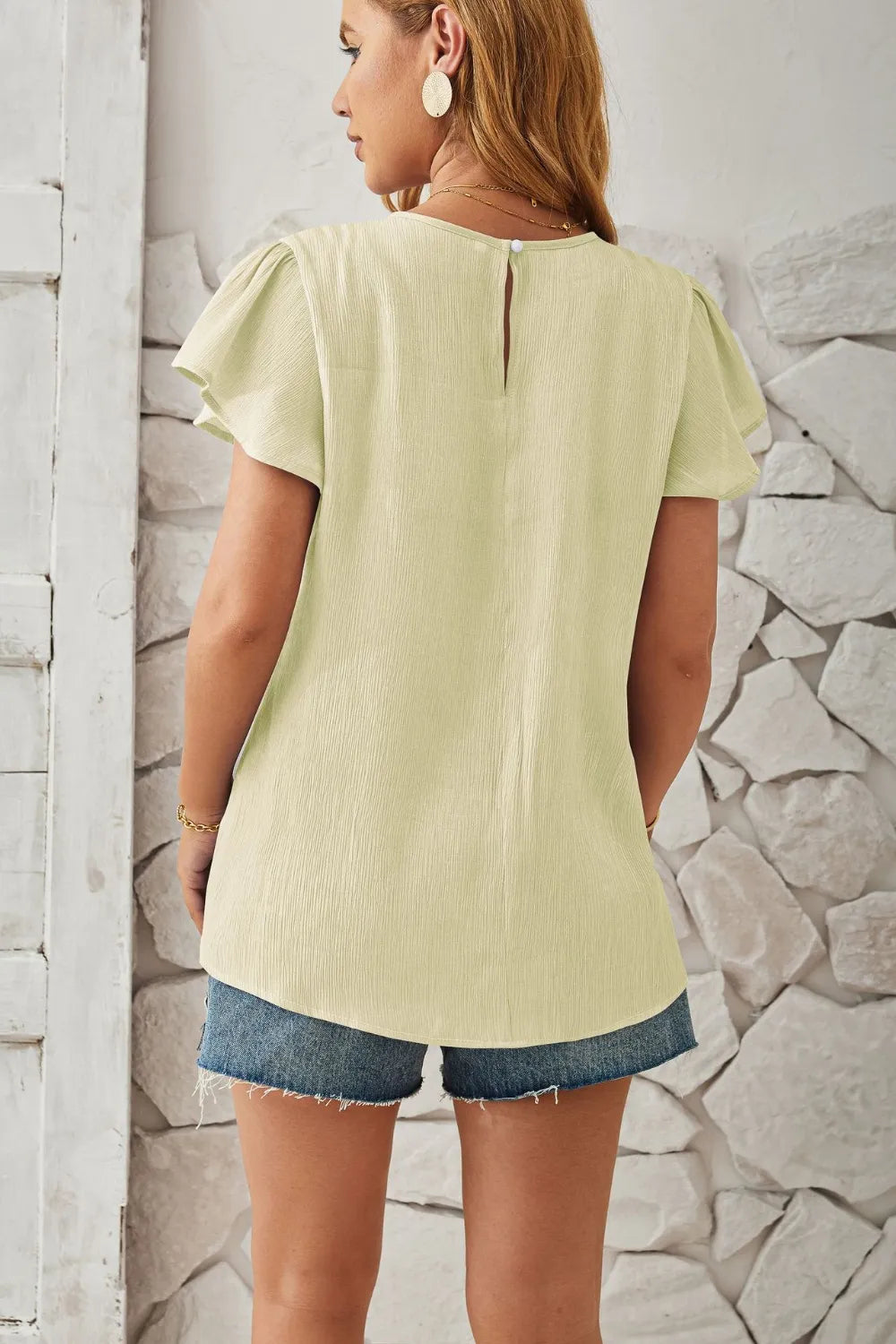 Sage Keyhole Cap Sleeve Ruffle Top Full Length Outfit View Relaxed Fit