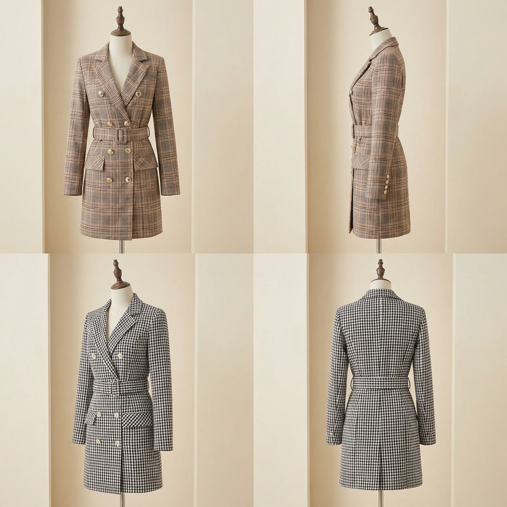 khaki-belted-blazer-dress-back-view
Back view of khaki plaid double-breasted mini dress showing perfect tailored fit and belt detail

Plaid and checkered blazers on mannequins against a neutral background