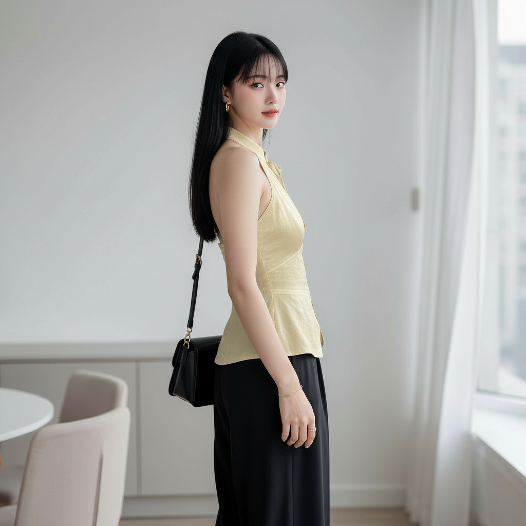 khaki-peplum-top-brunch-outfit
Brunch-ready look: khaki halter peplum top paired with white jeans and nude heels

Woman in a yellow sleeveless top and black pants holding a black handbag indoors.