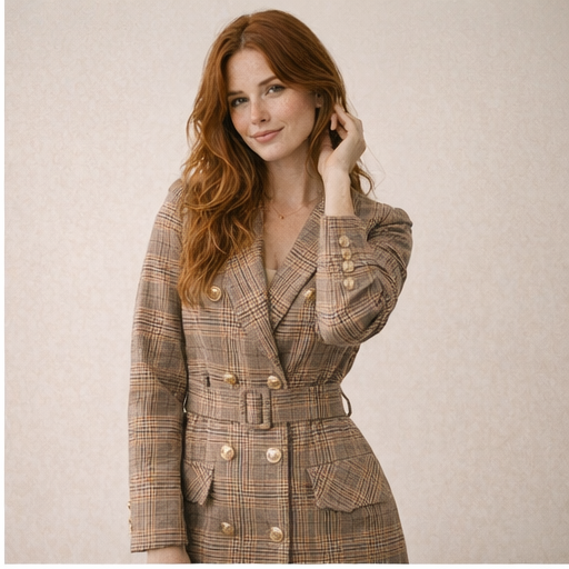 khaki-plaid-blazer-dress-autumn-street
Autumn street style: khaki plaid blazer mini dress with knee-high boots and trench coat
Woman wearing a plaid coat with gold buttons on a neutral background