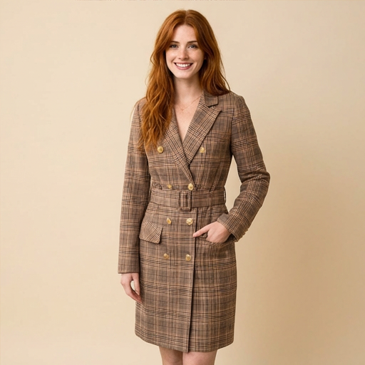 khaki-plaid-blazer-dress-closeup-buttons
Close-up of gold double-breasted buttons and notched lapel on khaki plaid belted blazer mini dress

Woman wearing a plaid coat against a beige background