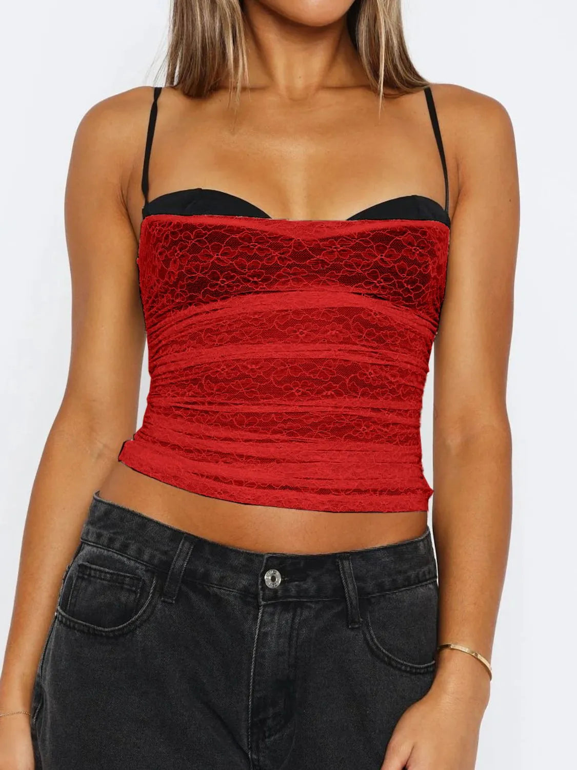 Front view of a scarlet lace cami top featuring a sweetheart neckline and textured lace fabric