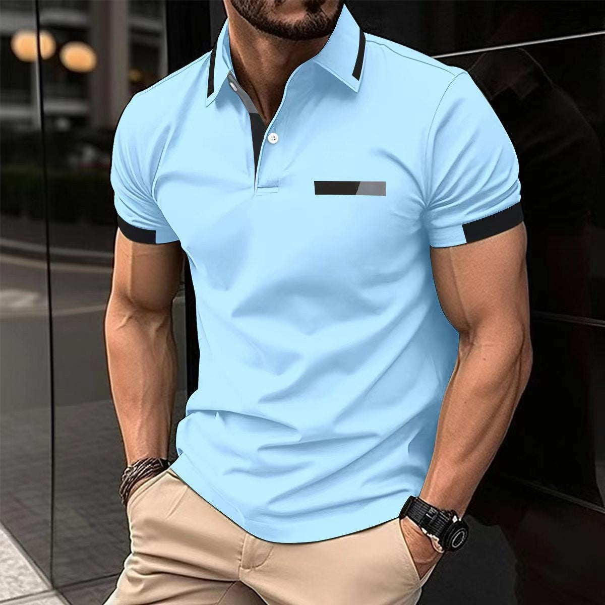 light-blue-polo-shirt-golf-outing
Light blue short sleeve polo perfect for golf or outdoor summer activities

Man wearing a light blue polo shirt with black accents in an urban setting.