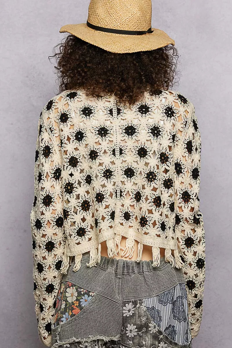 Back view of long sleeve floral crochet cardigan showing delicate openwork and tassel details