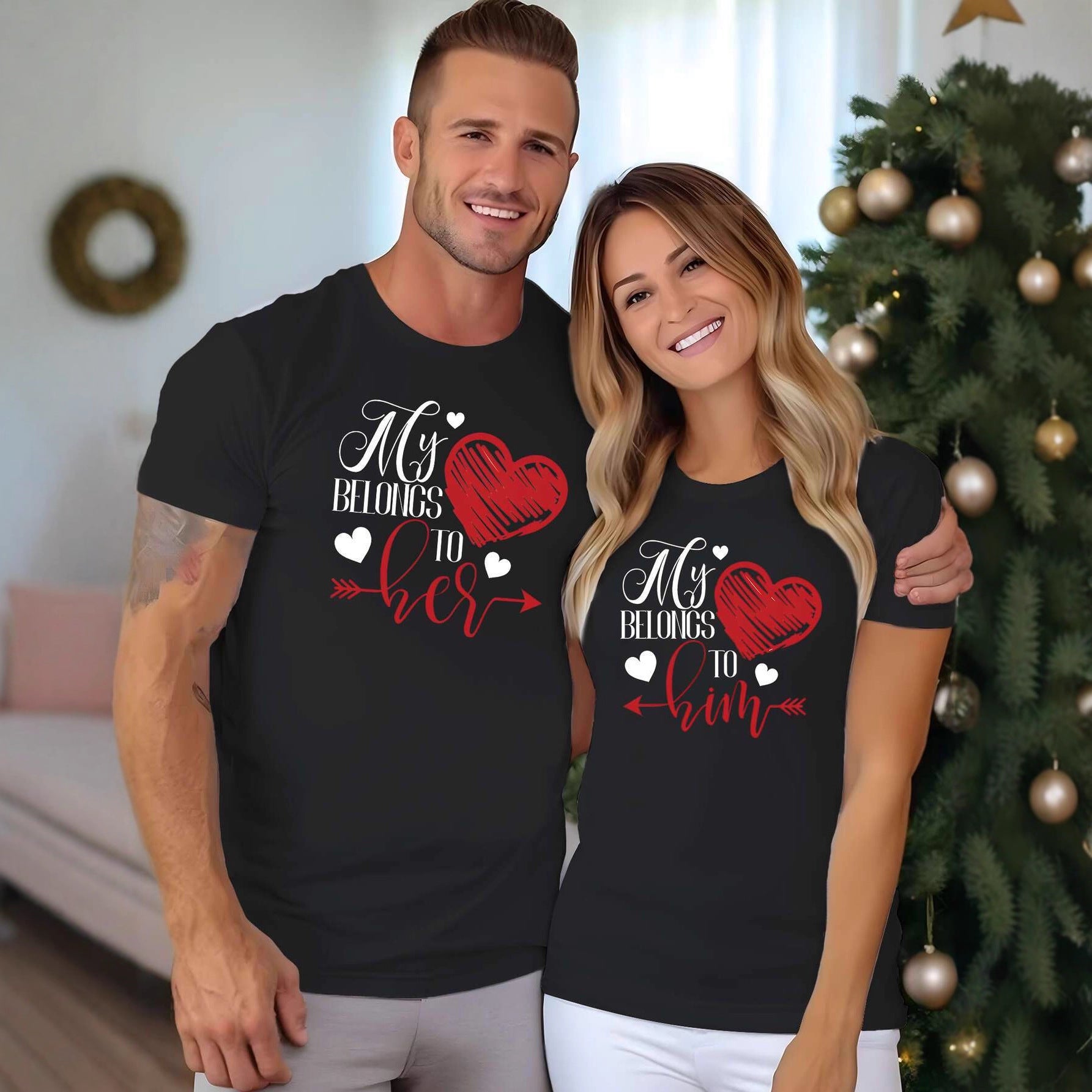 matching-couple-tshirt-his-hers-black-front
Matching his and hers love print couple T-shirt in black, cute Valentine’s Day gift tee – OpusVenustas
Man and woman wearing matching black t-shirts with heart designs in a festive indoor setting.